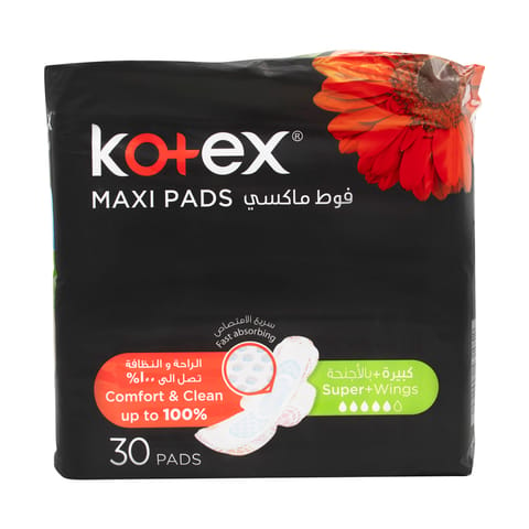 Kotex Maxi Protect Thick Pads, Super Size Sanitary Pads with Wings, 30 Sanitary Pads