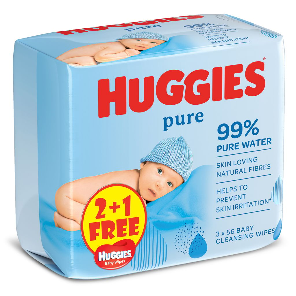 Huggies Pure Baby Wipes, 99% Pure Water Wipes, 3 Pack x 56 Wipes (168 Wipes)