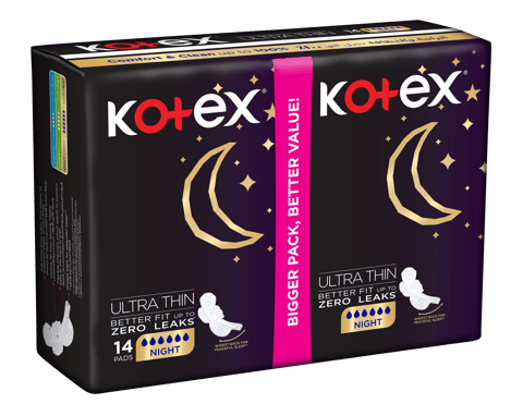 Kotex Ultra Thin Pads, Overnight Protection Sanitary Pads with Wings, 14 Sanitary Pads