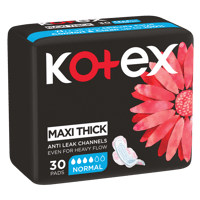 Kotex Maxi Protect Thick Pads, Normal Size Sanitary Pads with Wings, 30 Sanitary Pads