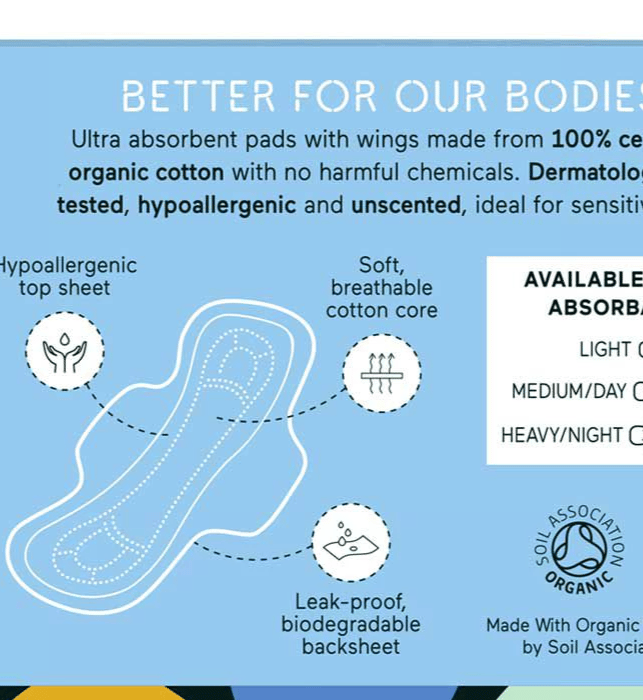 &Sisters Box of 10 Organic Cotton Sanitary Pads With Wings, Medium