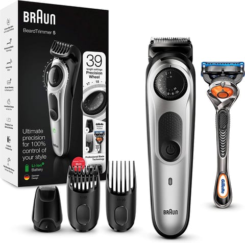 Braun BT5265 Beard Trimmer For Men, Mini Foil Shaver with Gillette ProGlide Razor, Black & Silver Metal