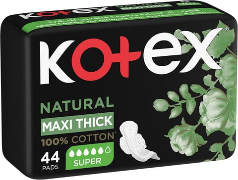 Kotex Natural Maxi Protect Thick Pads, 100% Cotton Pad, Super Size with Wings, 44 Sanitary Pads