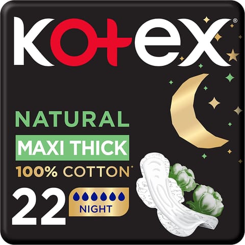 Kotex Natural Maxi Protect Thick Pads, 100% Cotton Pad, Overnight Protection Sanitary Pads with Wings, 22 Sanitary Pads