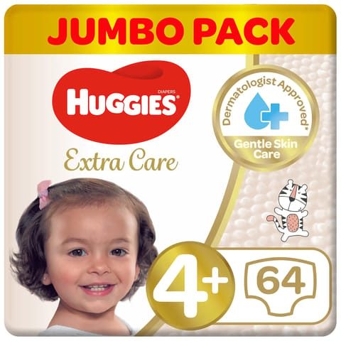 Huggies Extra Care Size 4+ Jumbo 64 Pcs 10-16 Kg