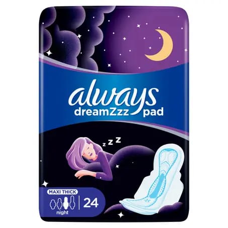 Always Clean & Dry Maxi Thick, Night sanitary pads with wings, 24 Count