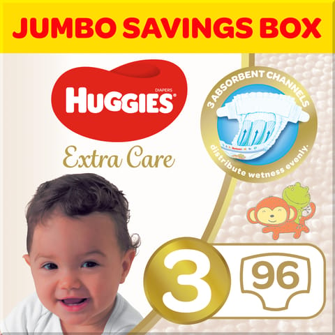 Huggies Extra Care, Size 3, 4 - 9 kg, Jumbo Box, 96 Diapers
