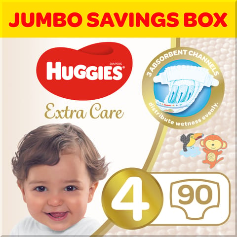 Huggies Extra Care, Size 4, 8 -14 kg, Jumbo Box, 90 Diapers