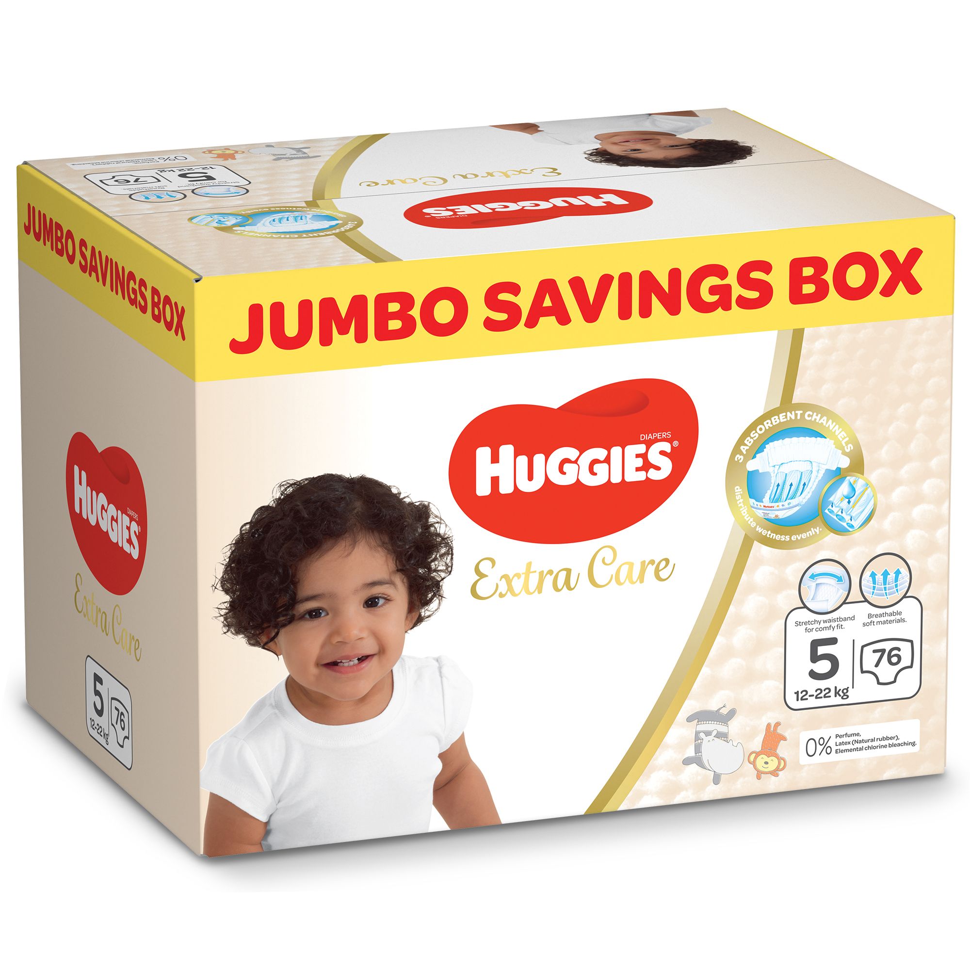 هجيز العناية الفائقة للأطفال، مقاس 5، وزن من 12 - 22 كجم، صندوق جامبو تحتوي على 76 حفاضة