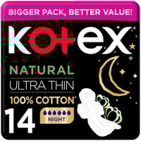Kotex Natural Ultra Thin Pads, 100% Cotton Pad, Overnight Protection Sanitary Pads with Wings, 14 Sanitary Pads