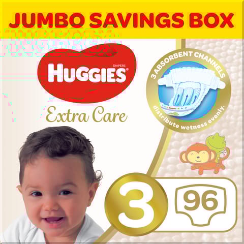 Huggies Extra Care, Size 3, 4 - 9 kg, Jumbo Box, 96 Diapers